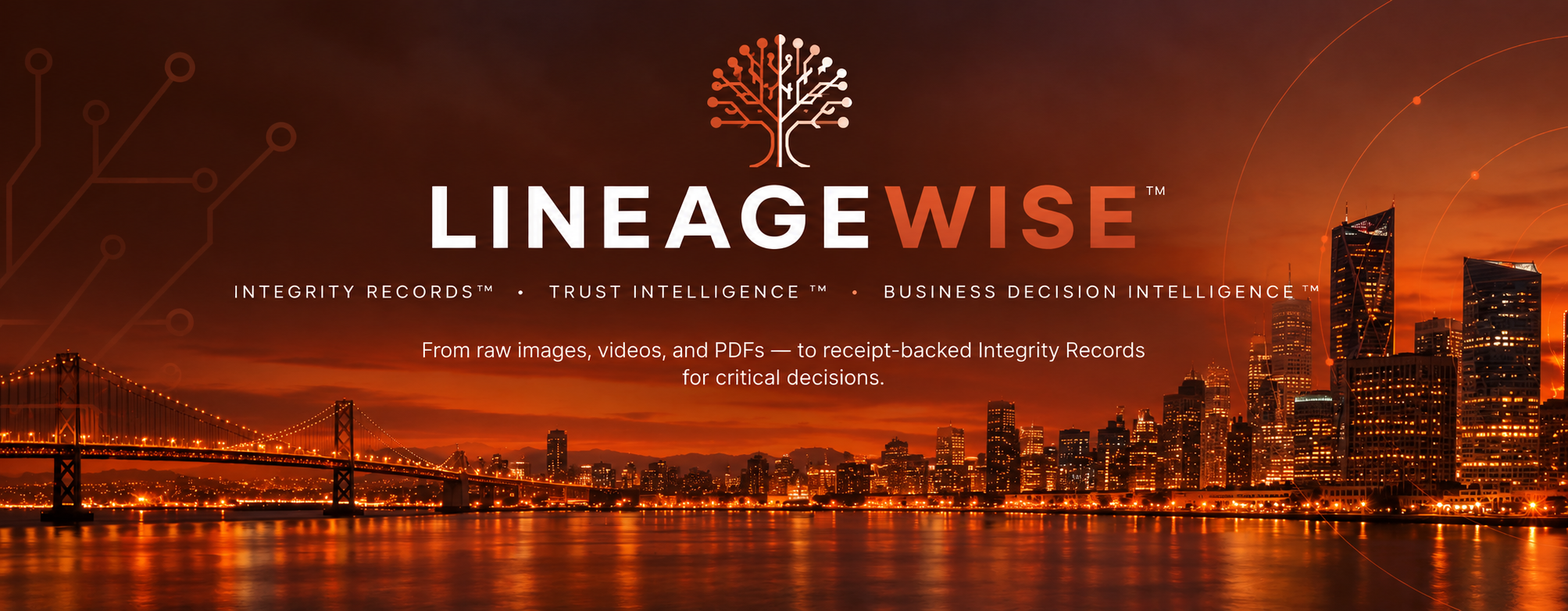 Lineagewise — Integrity Records, Trust Intelligence, and Business Decision Intelligence. From raw images, videos, and PDFs to receipt-backed Integrity Records for critical decisions.